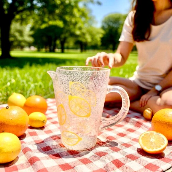 Vintage Glass Large Pitcher Frosted Lemons Pouring LIP Water Lemonade Ice Tea - Picture 9 of 9